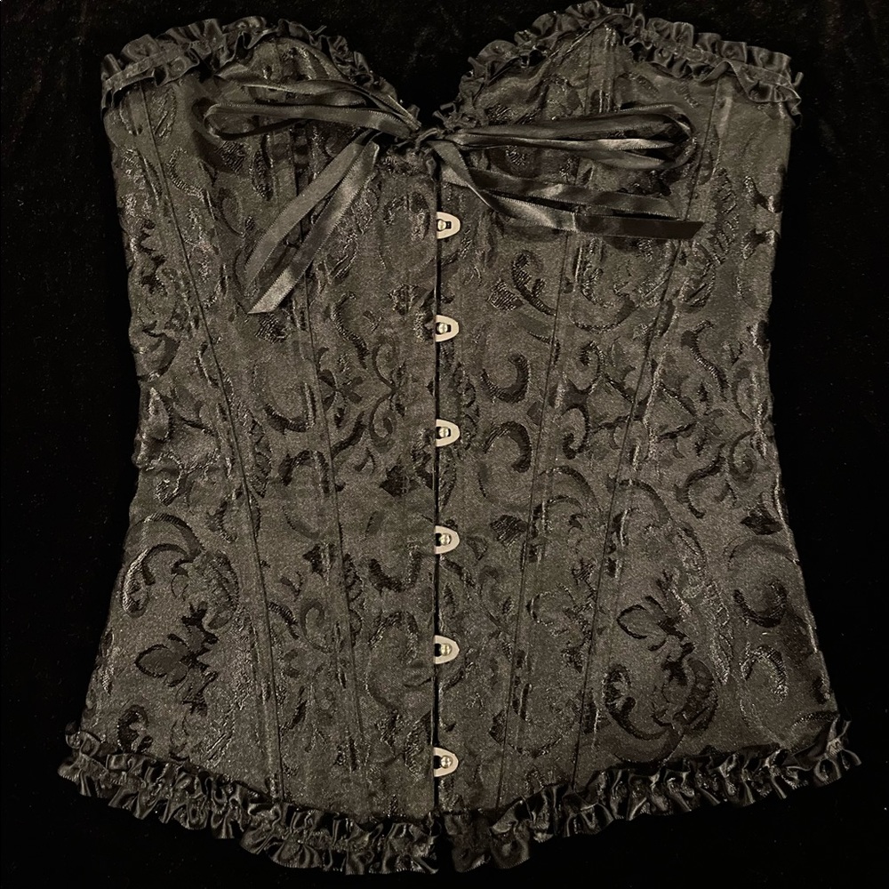 Black Satin Brocade & Ribbon Corset